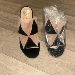Vince Camuto Jackie, Black and Nude Geometric Mules